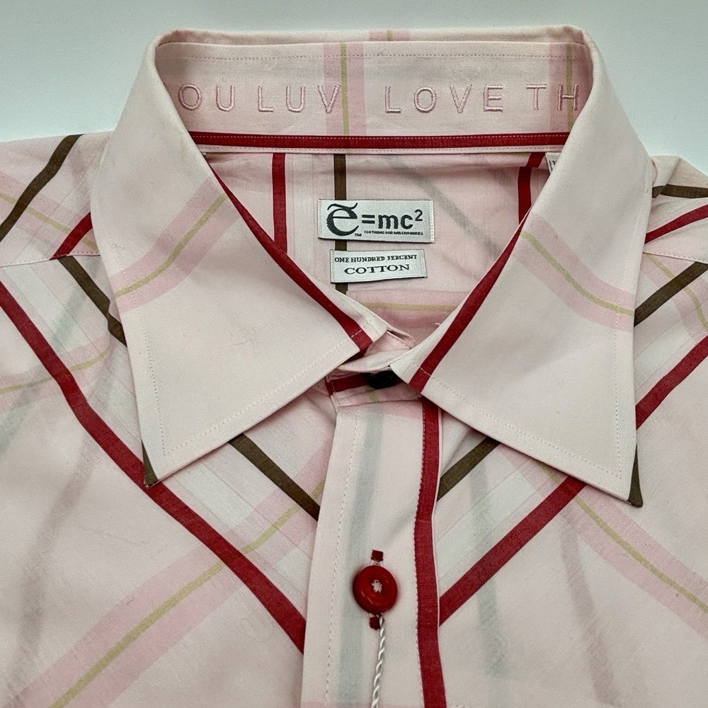 E=MC2 Damselle Mens 3XL Shirt Pink Plaid Cotton NWT Clothing For Millionaires